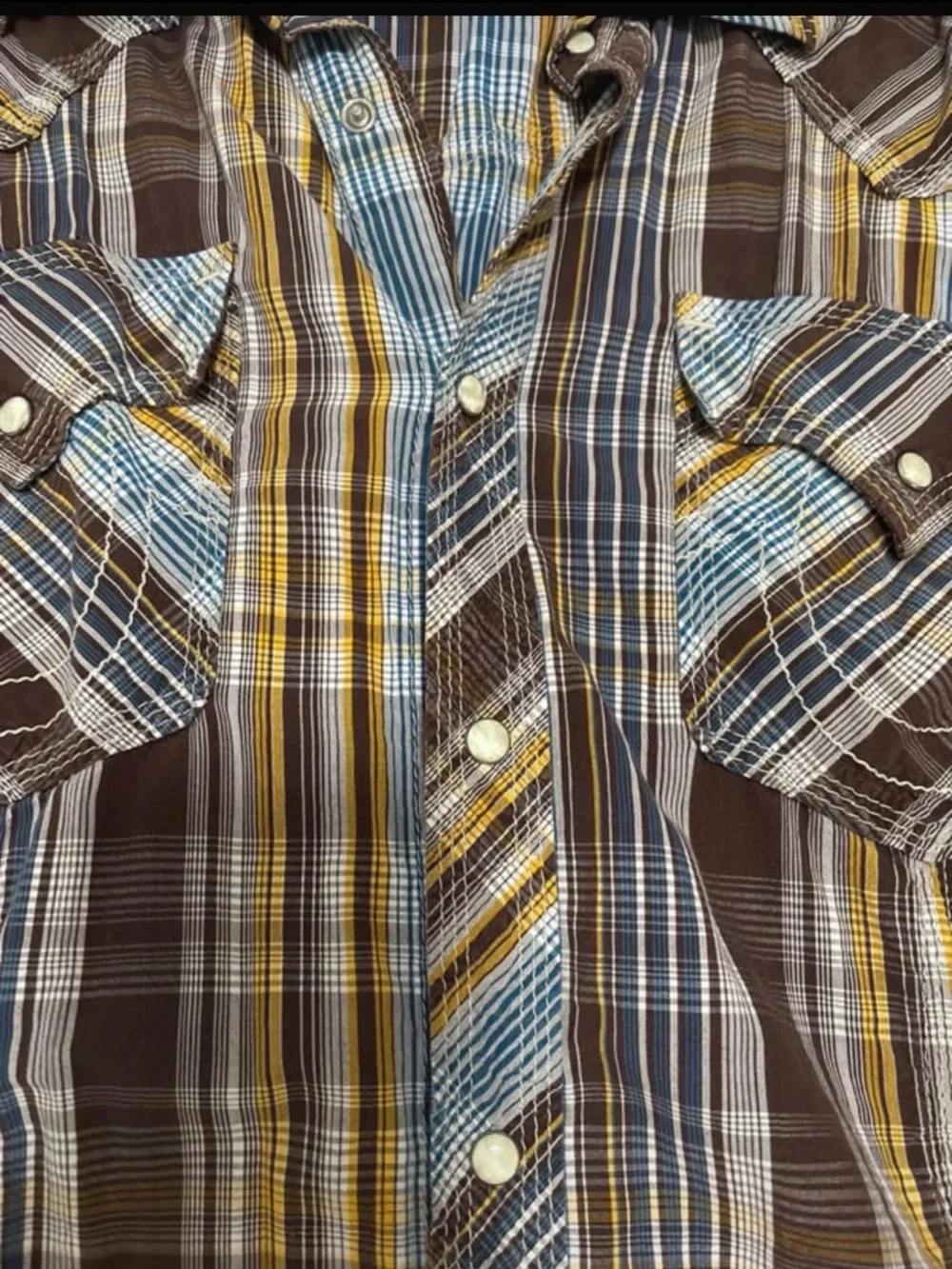 Original True Religion Men's Brown Plaid Button-Up Shirt with Yellow & Blue Stri